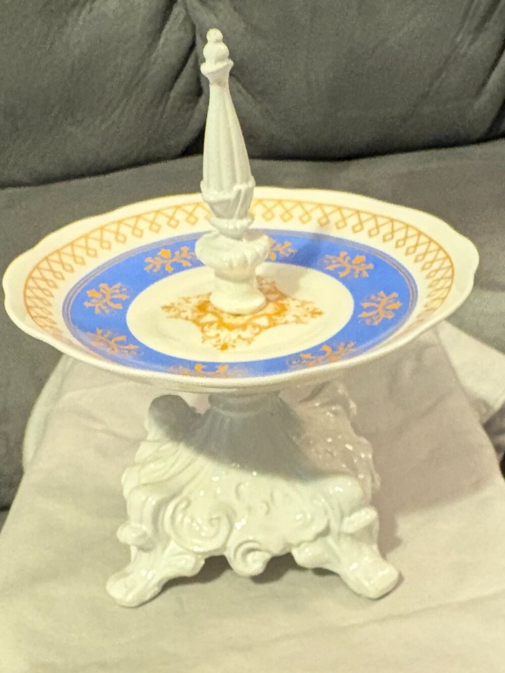 VTG 1940's Porcelain Compote Plate on Ceramic Pedestal Base w/Spire-7" H-EUC